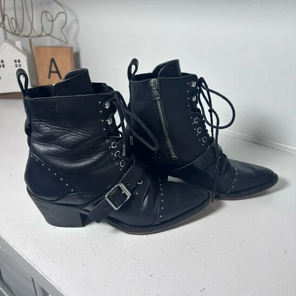 **SOLD**AllSaints Black Leather Lace-Up Ankle Boots Studded Buckle Moto Booties - Picture 2 of 8